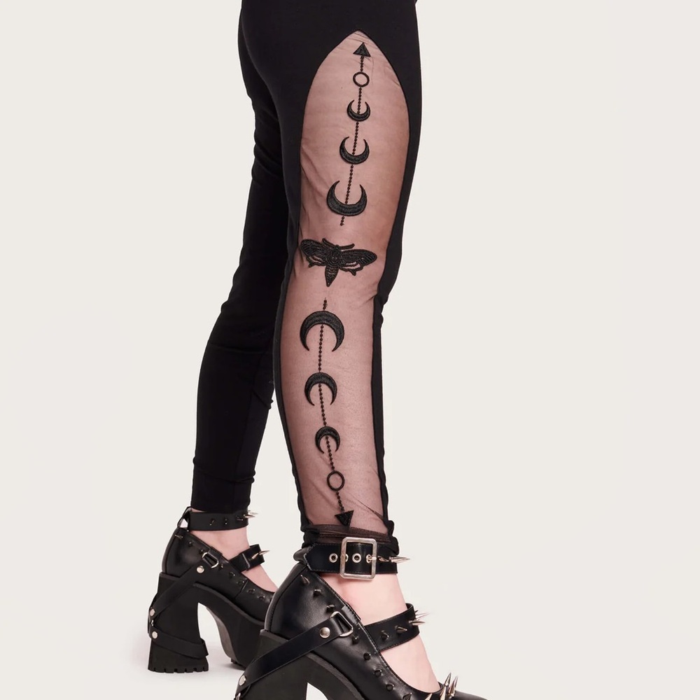 NWT NEW MIDNIGHT HOUR BLACK MOON PHASE MESH CUT OUT EMBROIDERED LEGGING SMALL - Picture 6 of 13